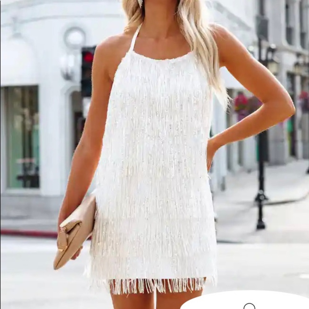 SOLD OUT- NWT- Cosmic Sequin Fringe Halter Mini Dress - White Size Small